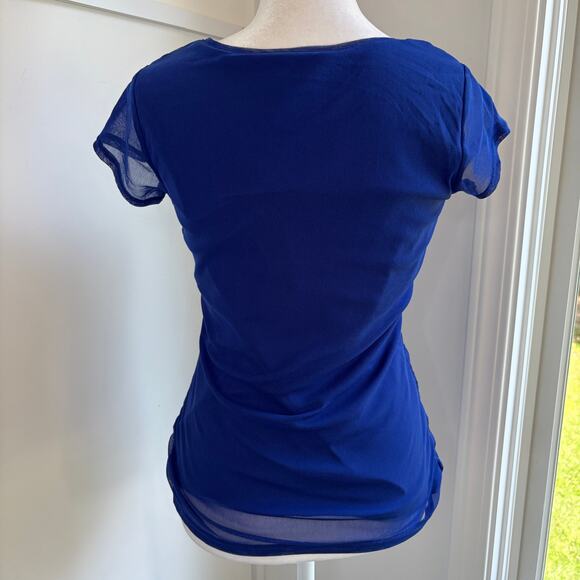 Royal Blue Y2K Embroidered Design Sheer T-Shirt Small 2000s Gen Z Fitted Moody - Picture 5 of 7